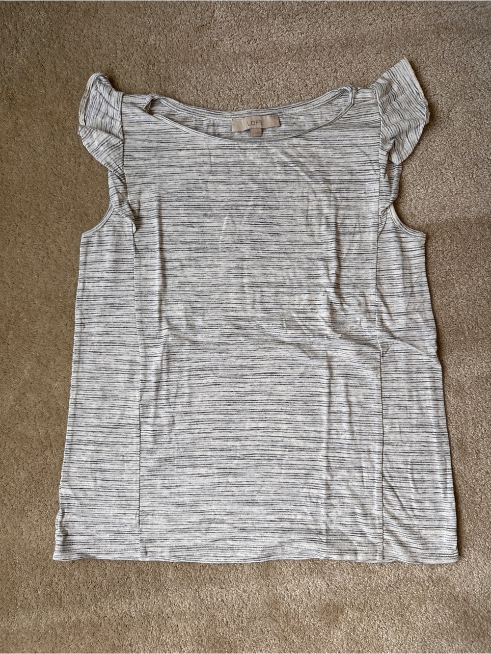 LOFT Heathered White, Gray, and Pale Blue Ruffle Sleeve Women’s Top